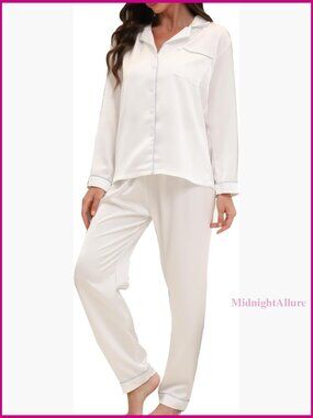 Satin Pajama Set Long Sleeve Button Down Lounge Sleepwear 2 Piece